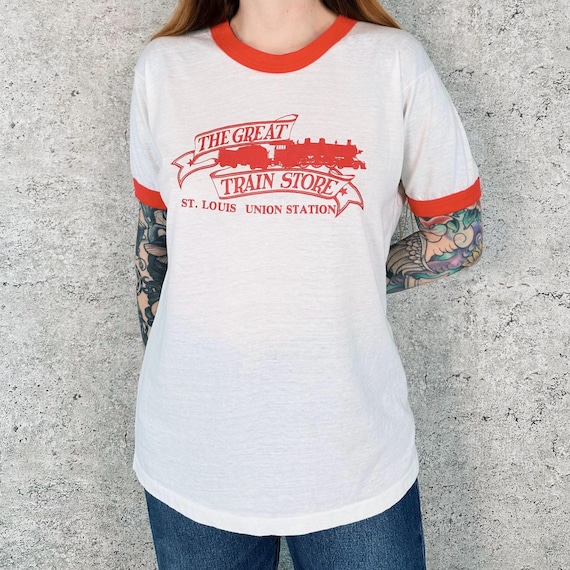 80's Paper Thin Soft The Great Train Store Ringer Tee Shirt T-Shirt