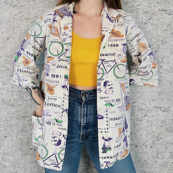 Vintage Antique-Style Novelty Print Button Up Top