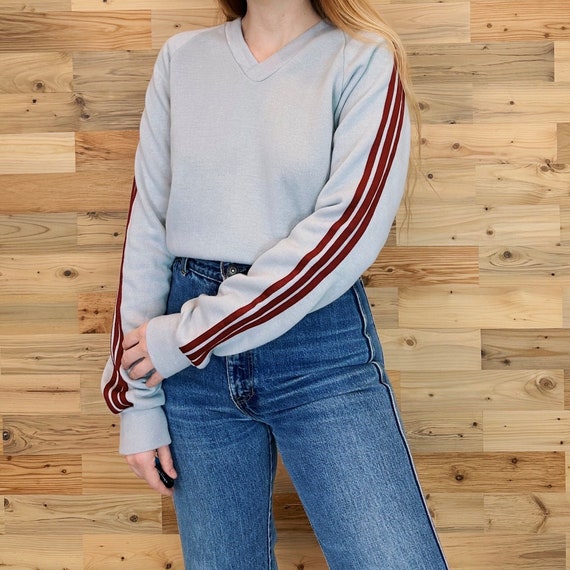 Vintage Soft Comfy Striped V-Neck Pullover Sweatshirt Sweater Top