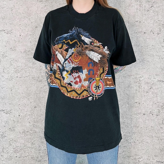 90's Wild Horses Vintage Native American Graphic Tee Shirt T-Shirt