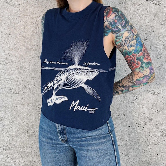 80's Maui Hawaii Nature Ocean Whale Vintage Cropped Tee Shirt T-Shirt