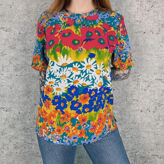 90's Vintage Soft Lightweight Floral Colorful Print Short Sleeve Blouse Top