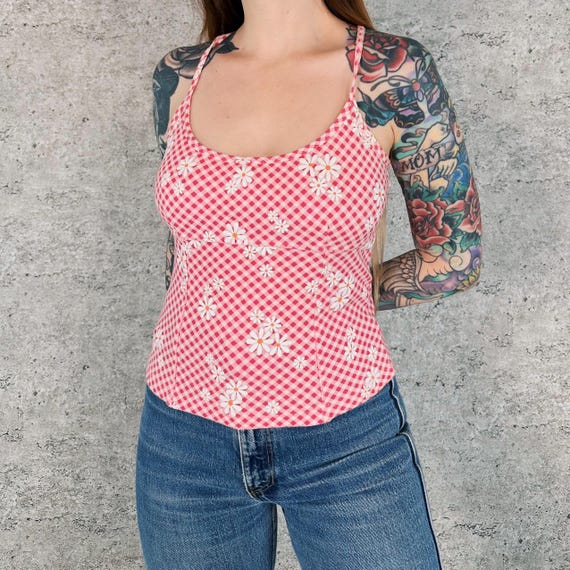 Vintage Energie Pink Gingham Daisy Flower Print Crossback Cami Tank Top