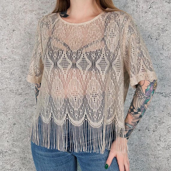 Vintage Sheer Woven Mesh Lace Flapper-Style Fringe Blouse Top