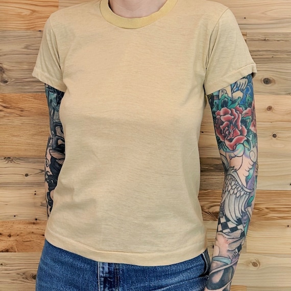 70's Vintage Softest Paper Thin Beige Baby Tee Sh… - image 2