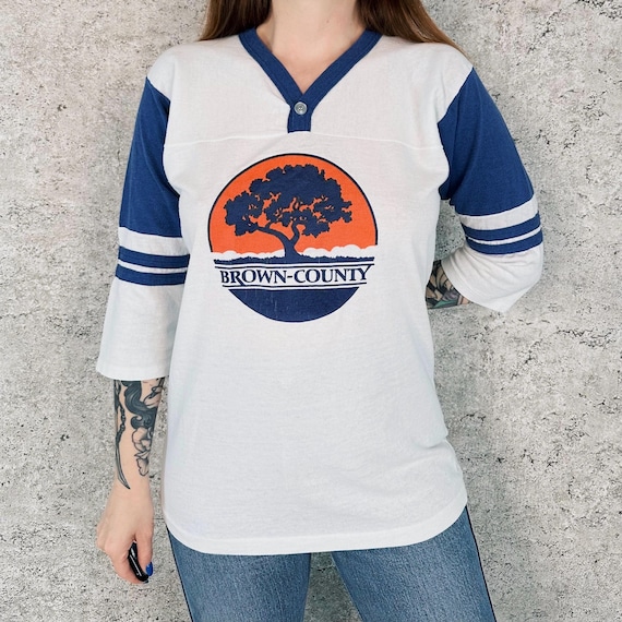 Vintage 80's Henley Brown-County 3/4 Sleeve Tee Shirt T-Shirt