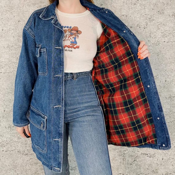 90's Vintage Flannel Lined Blue Jean Jacket Chore Coat