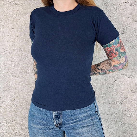 70s Vintage Russell Athletic Basic Crewneck Baby Tee Shirt T-Shirt - Navy Blue