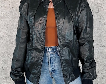 1980's Members Only Vintage Black Leather Cafe Racer Moto Bomber Jacket