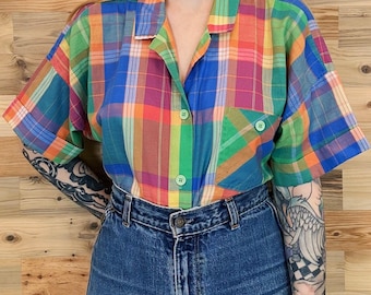 Vintage Lightweight Colorful Plaid Button Up Short Sleeve Shirt