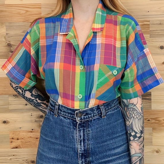 Vintage Lightweight Colorful Plaid Button Up Short Sleeve Shirt