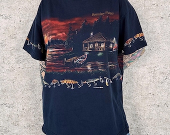 90's Vintage Boundary Waters Fishing All Over Print Tee Shirt T-Shirt