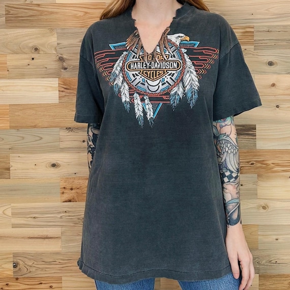 Harley Davidson Motorcycles 1992 Vintage Biker Faded Black Cut Tee Shirt T-Shirt