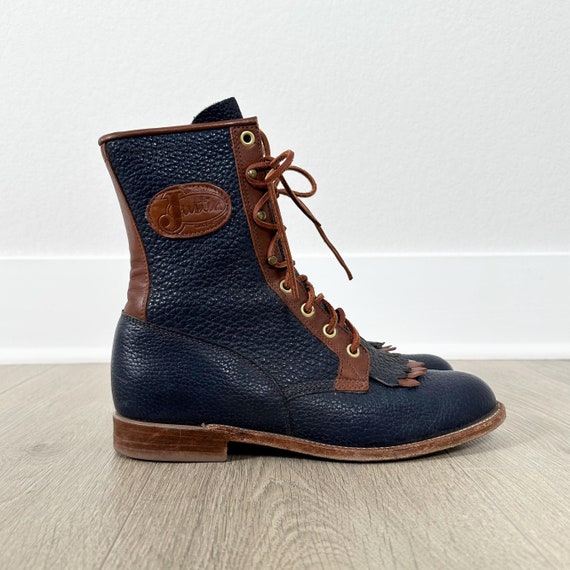 Justin Boots Vintage Lace Up Two Tone Navy Blue and Brown Western Boots / US Women's 7.5 B