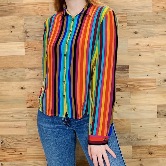 90's Vintage Pure Silk Rainbow Striped Oxford Blouse Top Shirt