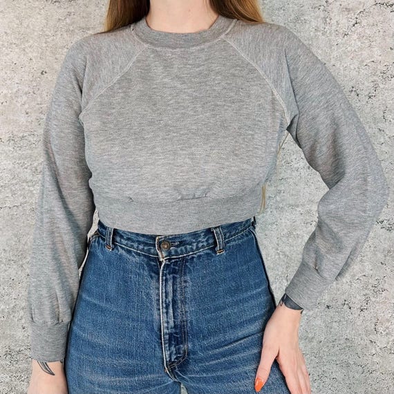 80's Vintage Worn In Gray Cropped Raglan Pullover Sweatshirt