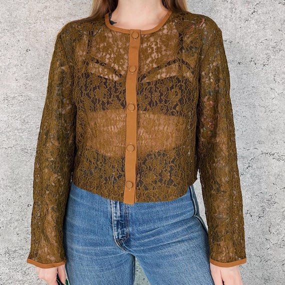Vintage Sheer Delicate Brown Floral Lace Button Up Blouse