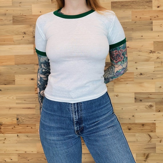 80's Vintage Soft Paper Thin Green and White Ringer Baby Tee Shirt T-Shirt / Youth Size Medium, Women's XXS-XS