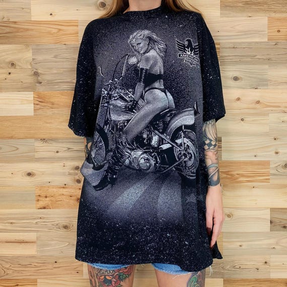 90s Vintage American Biker Babe All Over Print Tee Shirt - 3D Emblem T-Shirt