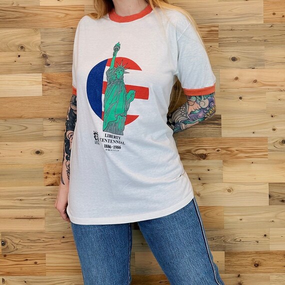 80's Paper Thin Soft Vintage Statue of Liberty Centennial Ringer Tee Shirt T-Shirt