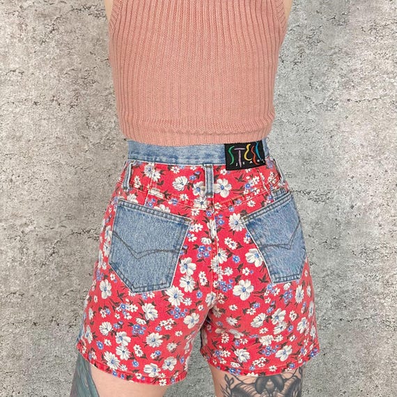Steel Jeans Vintage Floral Patchwork Colorblock Jean Shorts / Size 24 25 XS