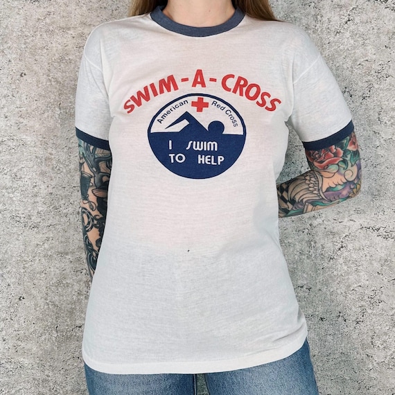 70's Swim-A-Cross American Red Cross Charity Event Vintage Ringer Tee Shirt T-Shirt