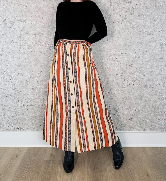 1960's Button Up Striped Vintage Maxi Skirt / Size 24 25