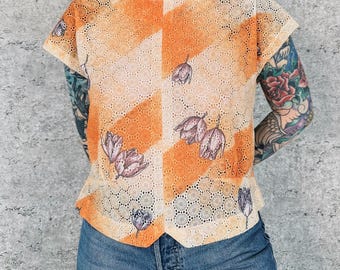 1970er Jahre schiere Durchsichtig Spitze Tulip Print Vintage Sommer Bluse Top
