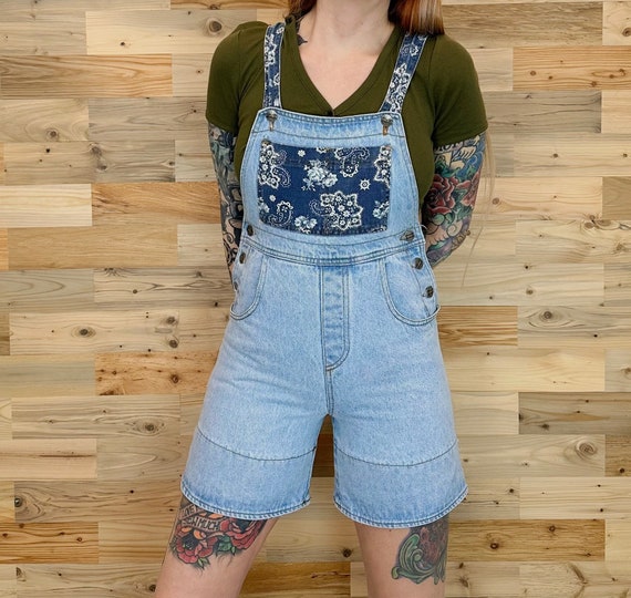 Blue Jean Denim Paisley Print Shortalls Overall S… - image 2