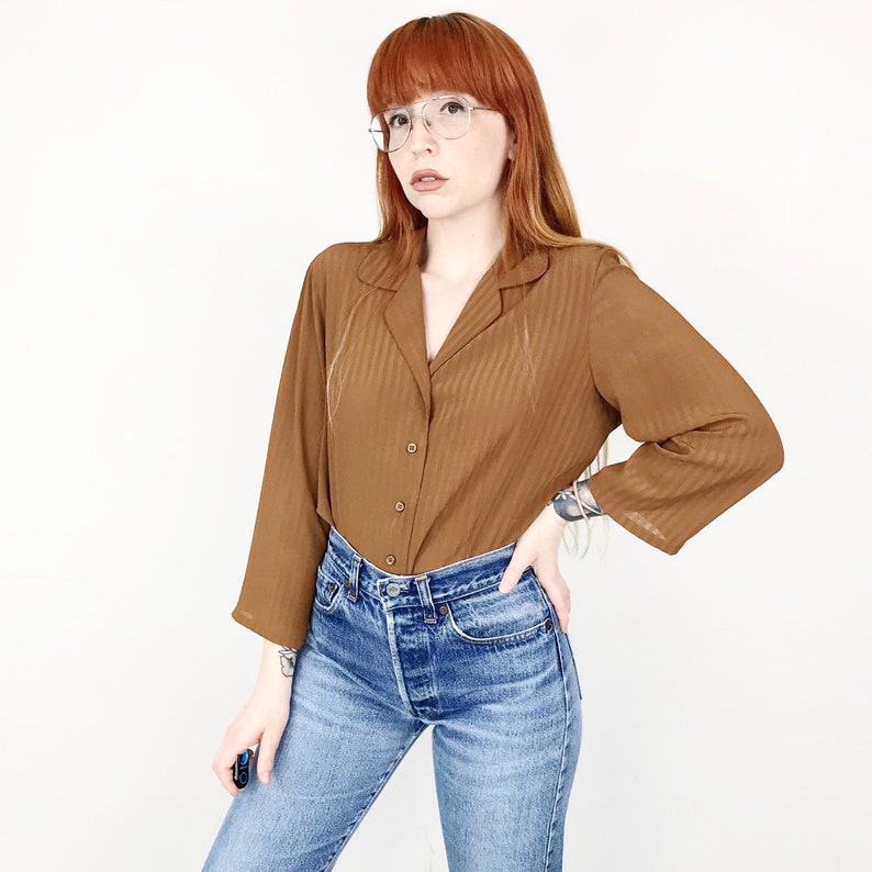 Minimalist Sheer Brown Striped Lightweight Button Up Blouse Women/'s size Small Medium M