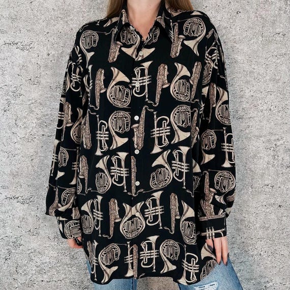 Perry Ellis Vintage Novelty Print Musical Instruments Long Sleeve Blouse Shirt