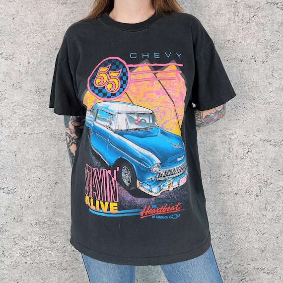 Soft Faded Black 55 Chevy Stayin' Alive Vintage Chevrolet Tee Shirt T-Shirt