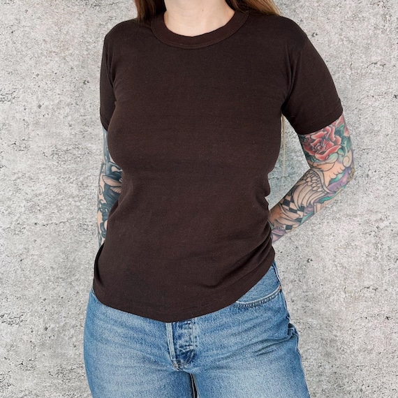 70's Vintage Chocolate Brown Basic Crewneck Tee Shirt T-Shirt