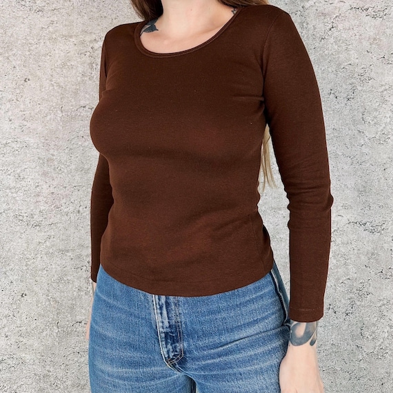 1970's Vintage Brown Soft Knit Long Sleeve 70's Tee Shirt T-Shirt