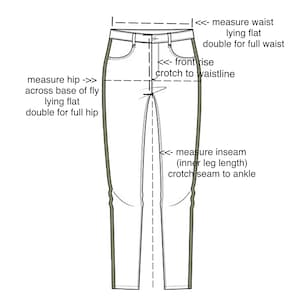 Op de afbeelding: Lijntekening van een broek met meetinstructies. De afbeelding toont hoe je de taille, heup, kruishoogte en binnenbeenlengte meet. De tekst bevat "meet taille", "meet heup", "voorste kruis" en "meet binnenbeenlengte".