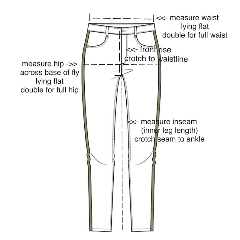 Op de afbeelding: Lijntekening van een broek met meetinstructies. De afbeelding toont hoe je de taille, heup, kruishoogte en binnenbeenlengte meet. De tekst bevat "meet taille", "meet heup", "voorste kruis" en "meet binnenbeenlengte".