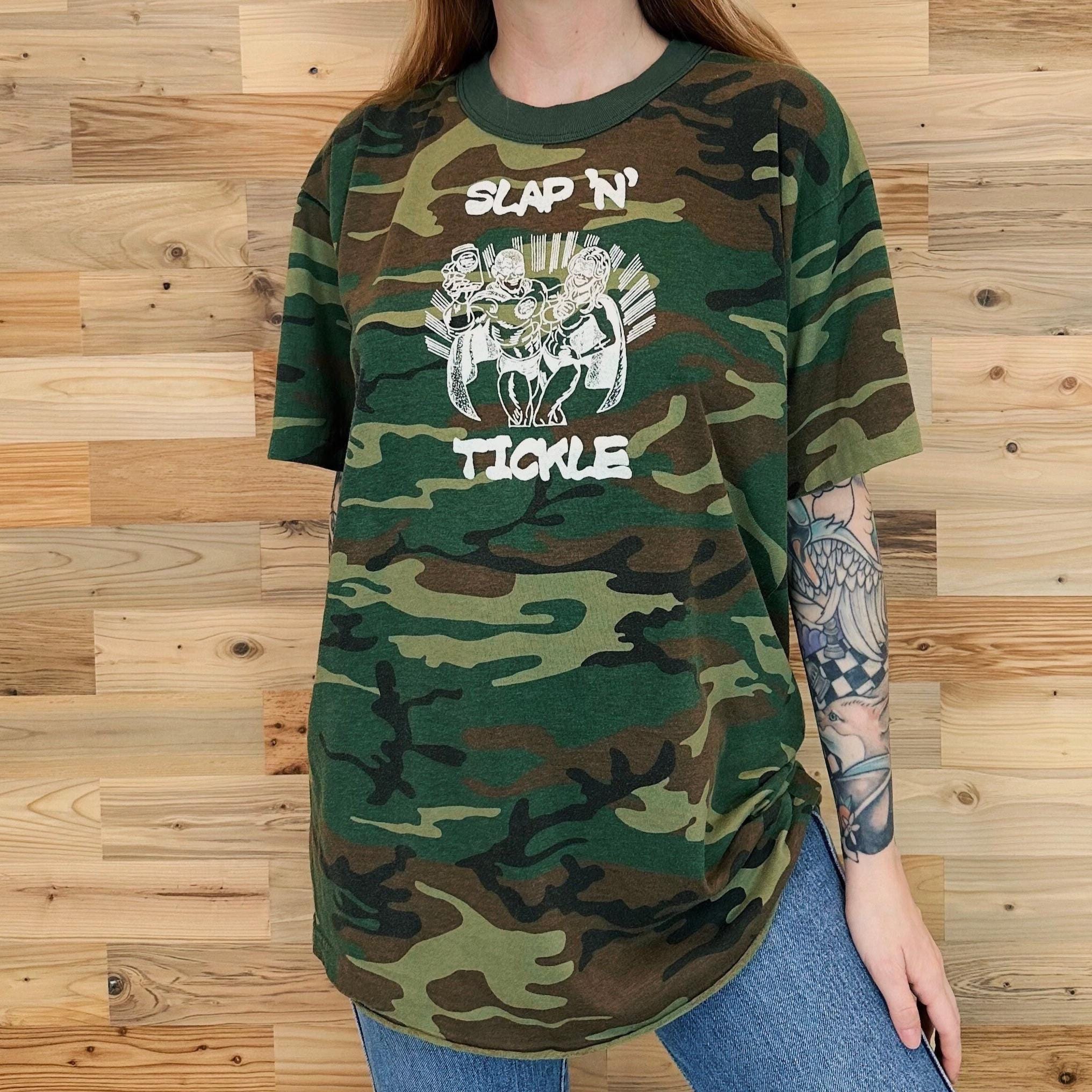 80's Vintage Camouflage Slap N' Tickle Retro Camo Print Tee Shirt