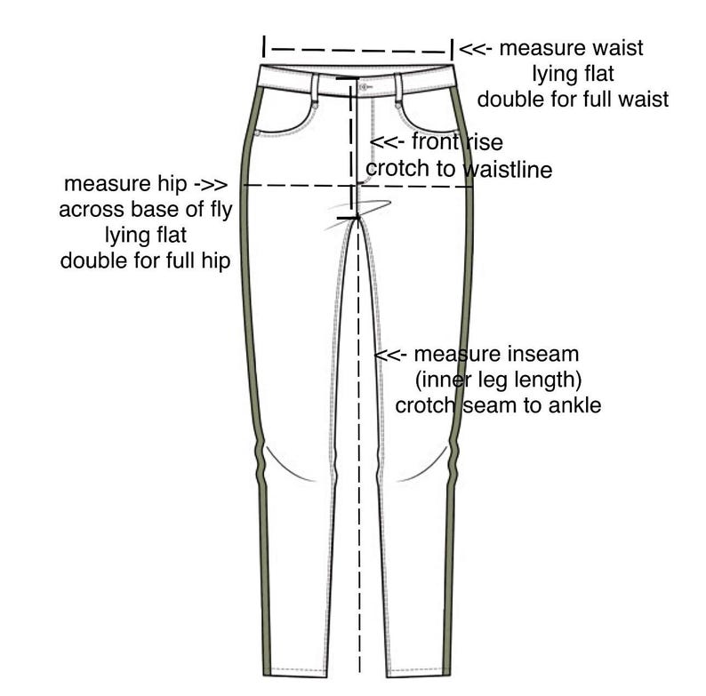 Puede incluir: Un diagrama que ilustra c&oacute;mo medir un pantal&oacute;n. La imagen muestra una vista frontal plana del pantal&oacute;n con l&iacute;neas punteadas y etiquetas que indican d&oacute;nde medir la cintura, la cadera, el tiro delantero y la entrepierna.