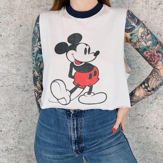 80's Mickey Mouse Vintage Disney Cropped Ringer Sleeveless Tank Top Tee Shirt T-Shirt