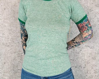 Vintage 70s Russell Athletic Ringer Baby Tee: Soft Green, XS/Small (Youth Tag Size)