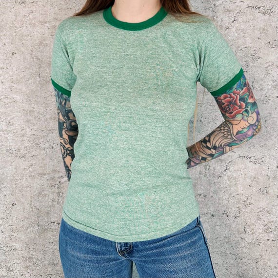 Vintage 70's Russell Athletic Soft Green Ringer Baby Tee Shirt T-Shirt / Youth Size Large Women's XS Small