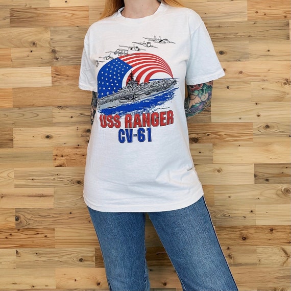 Vintage 1990 USS Ranger CV-61 Navy Aircraft Carrier Ship Tee Shirt T-Shirt