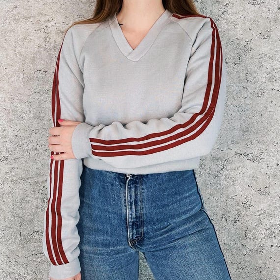 Softest Comfy Vintage V-Neck Striped Sleeve Pullover Sweatshirt