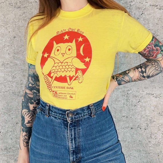 Soft Thin 80's Vintage Night Owl Run Marathon Tee Shirt T-Shirt