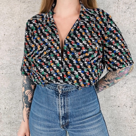 70's Light Vintage Funky Abstract Houndstooth Button Up Blouse Top
