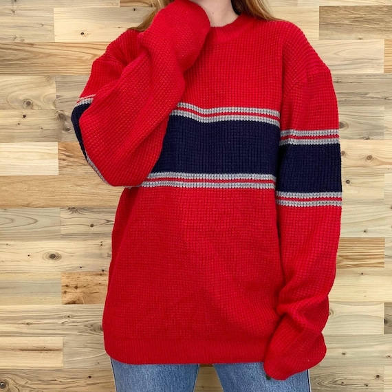 Vintage Cozy Striped Woven Knit Pullover Crewneck Sweater Top