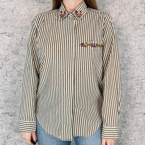 90's Pinstriped Embroidered Floral Long Sleeve Button Up Blouse Shirt