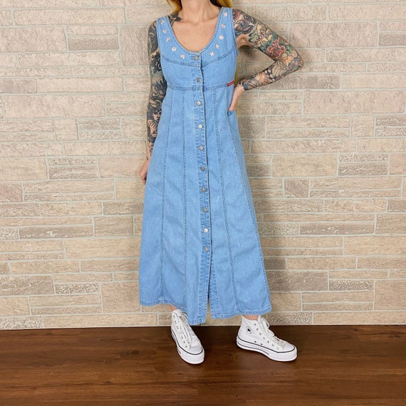 90's Denim Button Front Embroidered Maxi Dress