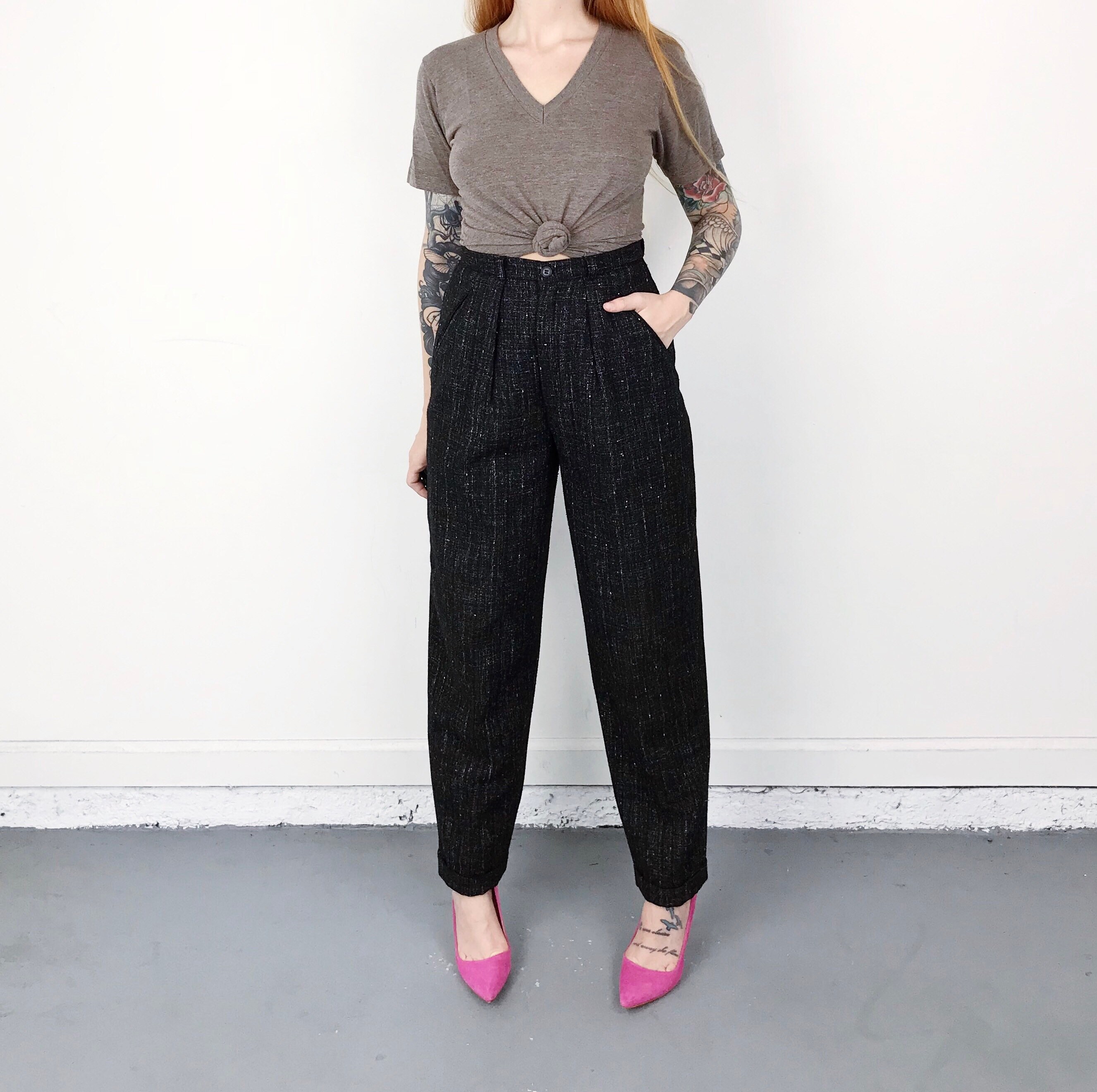 70's Tweed Knit Mod High Waist Trousers Pants / Size 25 26 XS