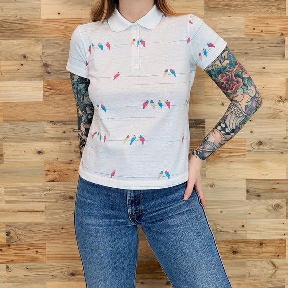 Vintage Striped Bird Print Preppy Collared Polo T Shirt